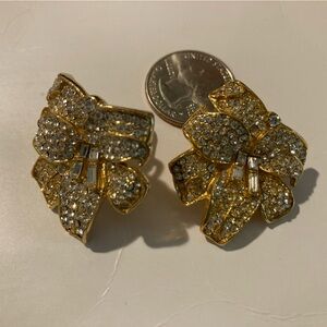 Gold tone Large Bow Vintage Clip-On Earrings with Rhinestones